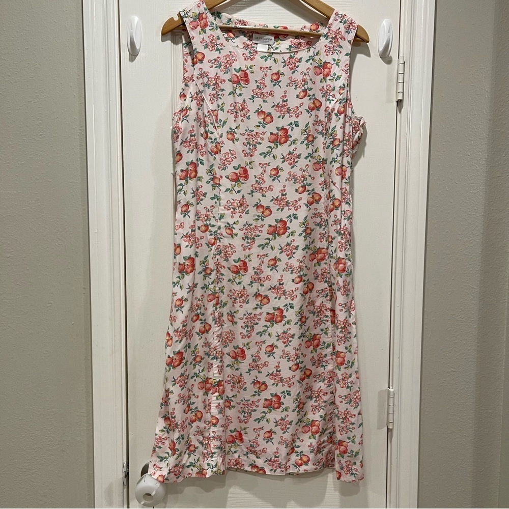 Vtg Liz Claiborne Midi Dress Women’s 14 Pale Pink Fruit Floral Cottagecore 90s